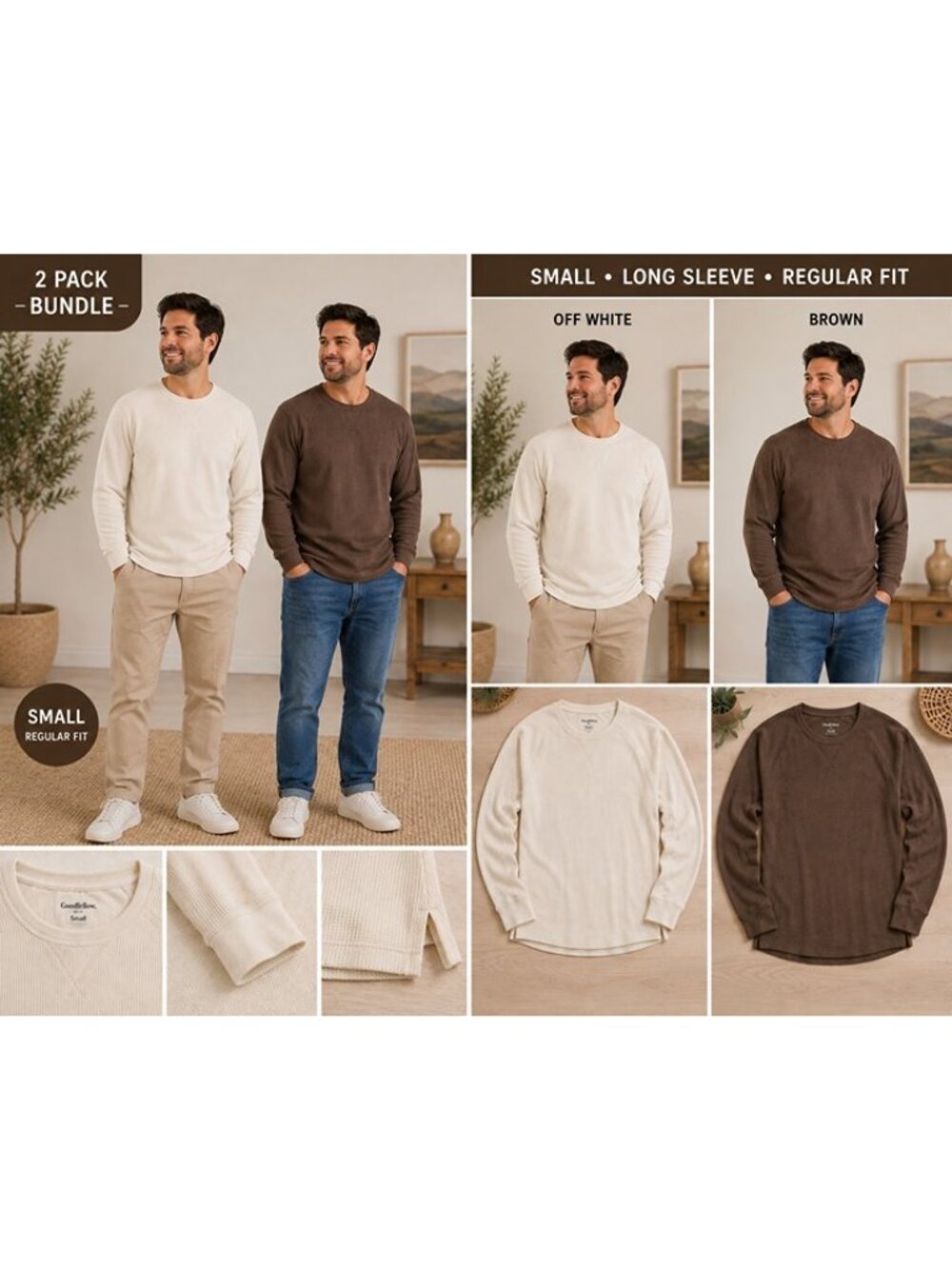 Goodfellow & Co Men’s Vintage Textured Crewneck Shirts Sm Brown Off White 2 Pack